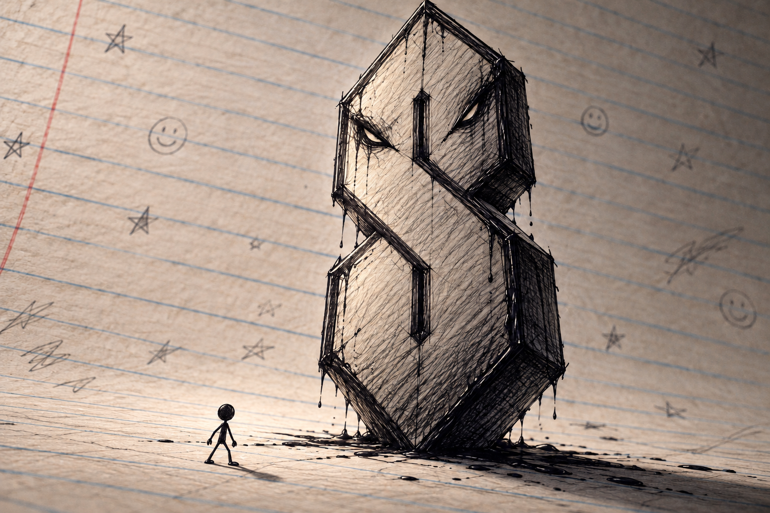 Outdrawn menu artwork: a small ink-drawn figure faces a towering angular creature on lined paper.